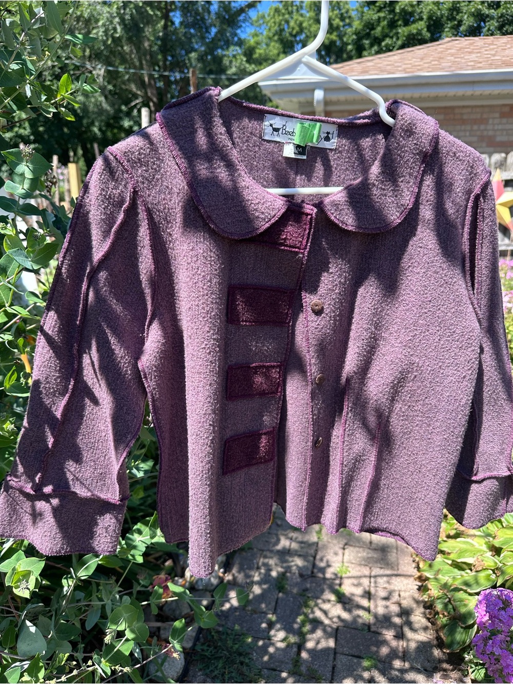 Elegant Purple Textured Button-Front Jacket with Rounded Collar